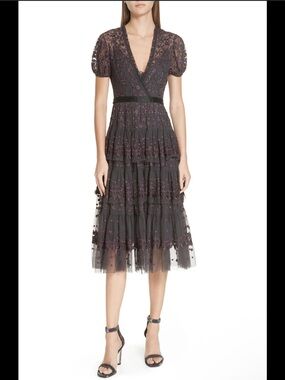 Needle & Thread Tiered Embroidered Tulle  Midi Dress Size 4